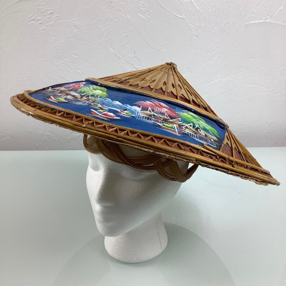 VTG Asian Wicker Bamboo Hat hand painted Gardening Beach Field Handmade SZ OSFM main image 8